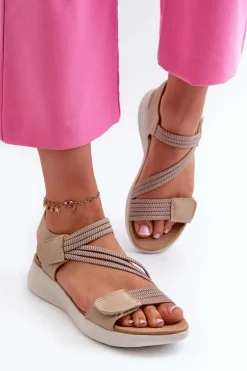 Damskie Wygodne Sandały Na Rzep Beżowe Eladora