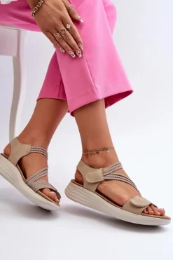 Damskie Wygodne Sandały Na Rzep Beżowe Eladora