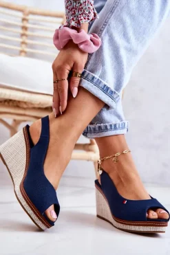 Damskie Wygodne Sandały Na Koturnie Granatowe Thallas