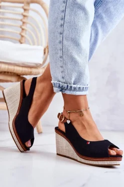 Damskie Wygodne Sandały Na Koturnie Czarne Thallas