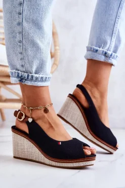 Damskie Wygodne Sandały Na Koturnie Czarne Thallas