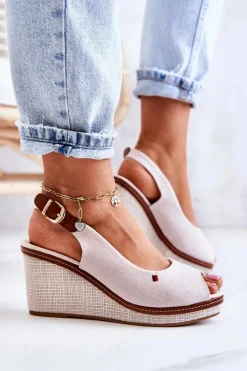 Damskie Wygodne Sandały Na Koturnie Beżowe Thallas