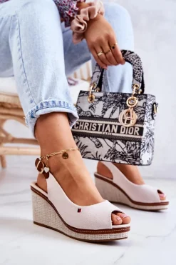 Damskie Wygodne Sandały Na Koturnie Beżowe Thallas