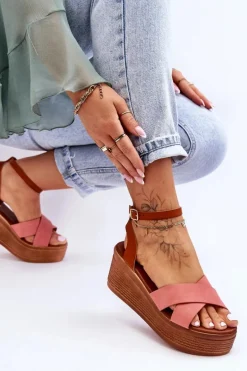 Damskie Wygodne Sandały Na Koturnie Brązowo-Różowe Laurie