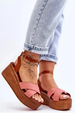 Damskie Wygodne Sandały Na Koturnie Brązowo-Różowe Laurie