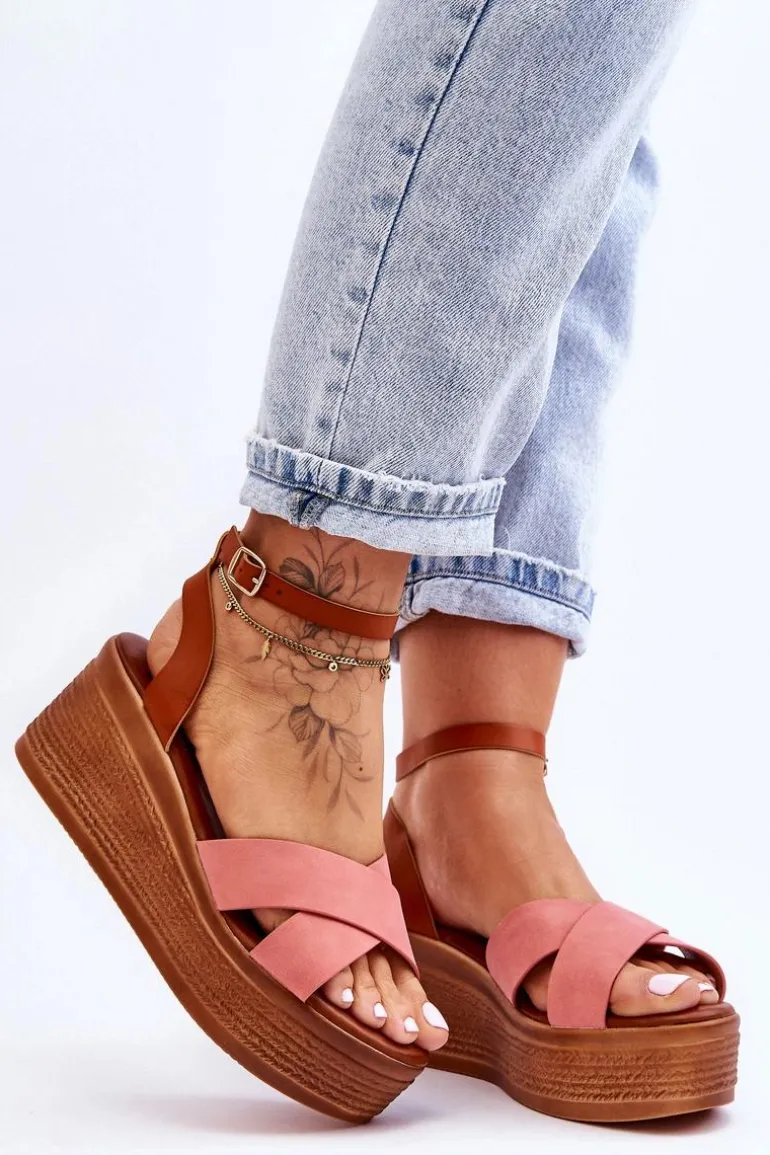 Damskie Wygodne Sandały Na Koturnie Brązowo-Różowe Laurie