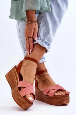 Damskie Wygodne Sandały Na Koturnie Brązowo-Różowe Laurie