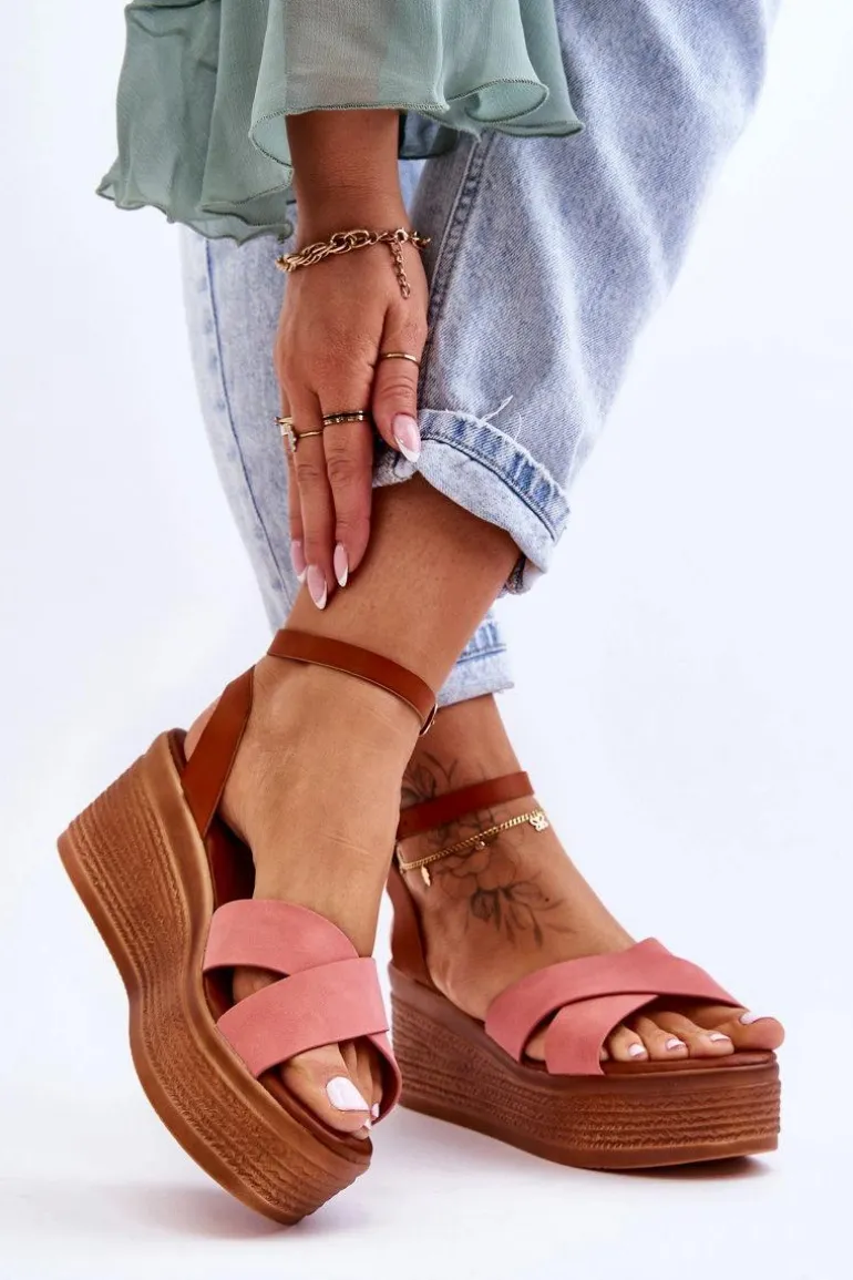 Damskie Wygodne Sandały Na Koturnie Brązowo-Różowe Laurie