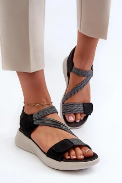 Damskie Wygodne Sandały Na Rzep Czarne Eladora