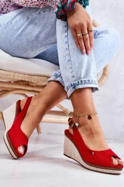 Damskie Wygodne Sandały Na Koturnie Czerwone Thallas