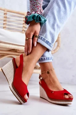 Damskie Wygodne Sandały Na Koturnie Czerwone Thallas