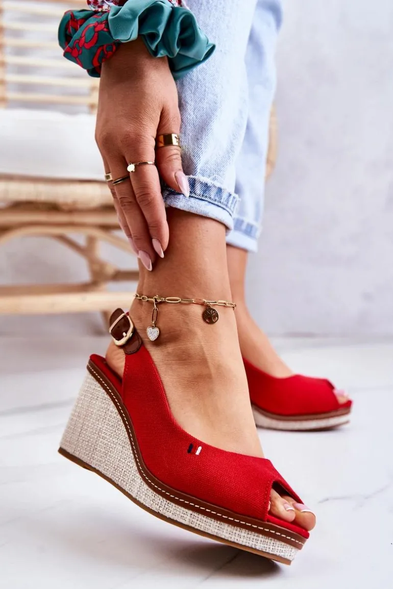 Damskie Wygodne Sandały Na Koturnie Czerwone Thallas