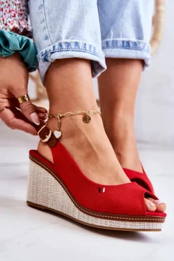 Damskie Wygodne Sandały Na Koturnie Czerwone Thallas