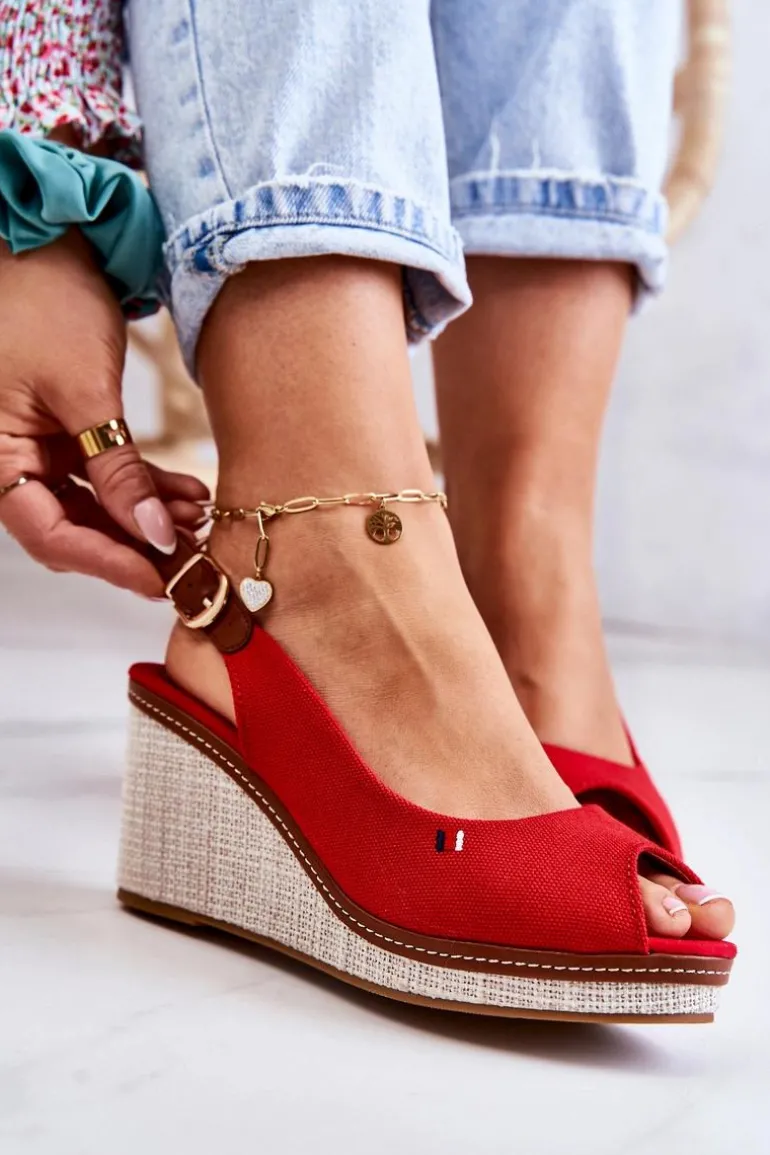 Damskie Wygodne Sandały Na Koturnie Czerwone Thallas