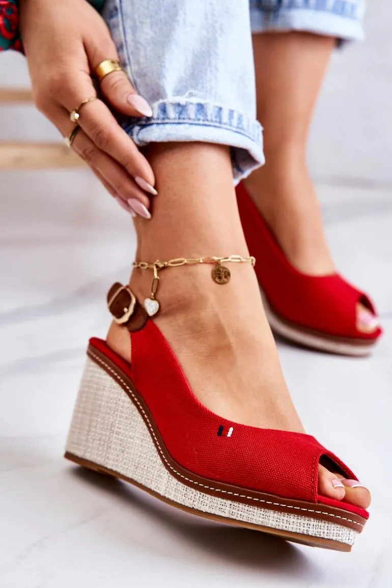 Damskie Wygodne Sandały Na Koturnie Czerwone Thallas