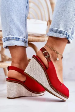 Damskie Wygodne Sandały Na Koturnie Czerwone Thallas