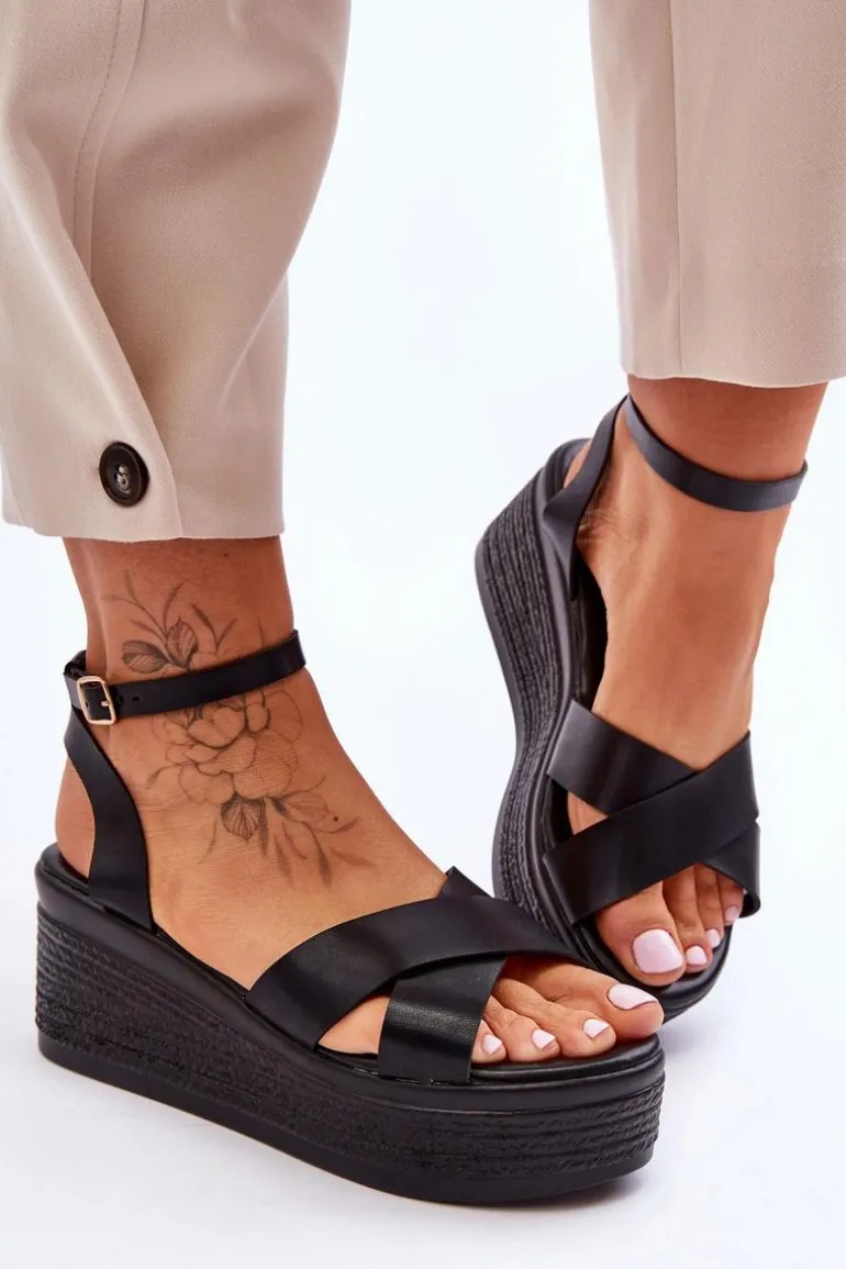 Damskie Wygodne Sandały Na Koturnie Czarne Laurie