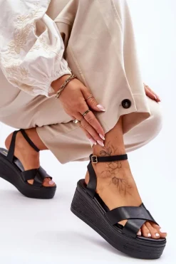 Damskie Wygodne Sandały Na Koturnie Czarne Laurie