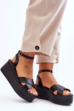 Damskie Wygodne Sandały Na Koturnie Czarne Laurie
