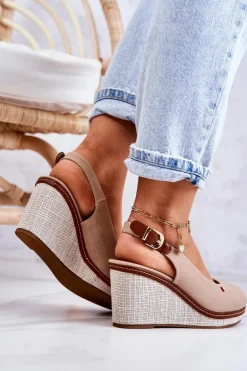 Damskie Wygodne Sandały Na Koturnie Ciemnobeżowe Thallas