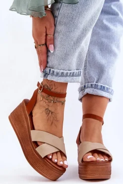 Damskie Wygodne Sandały Na Koturnie Brązowo-Beżowe Laurie