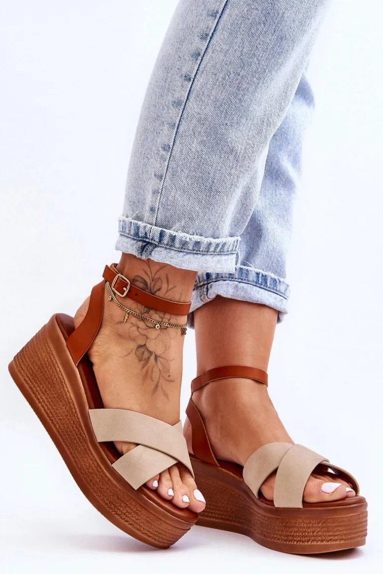 Damskie Wygodne Sandały Na Koturnie Brązowo-Beżowe Laurie