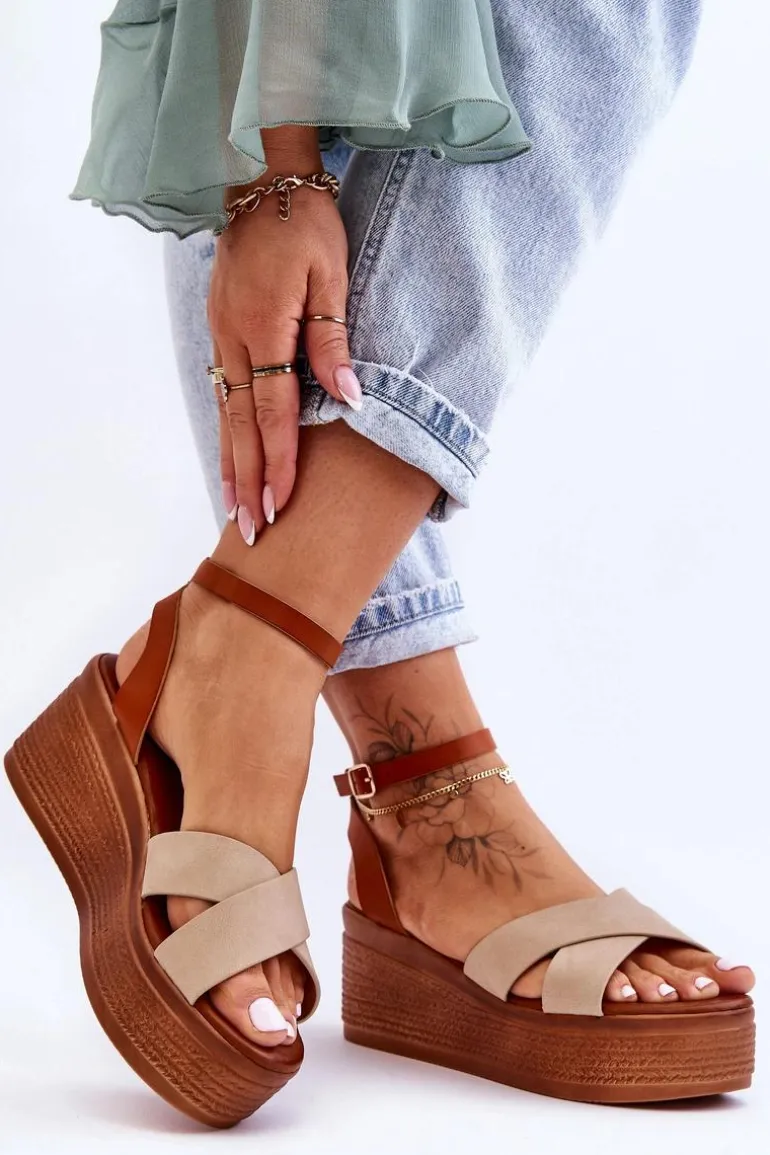 Damskie Wygodne Sandały Na Koturnie Brązowo-Beżowe Laurie