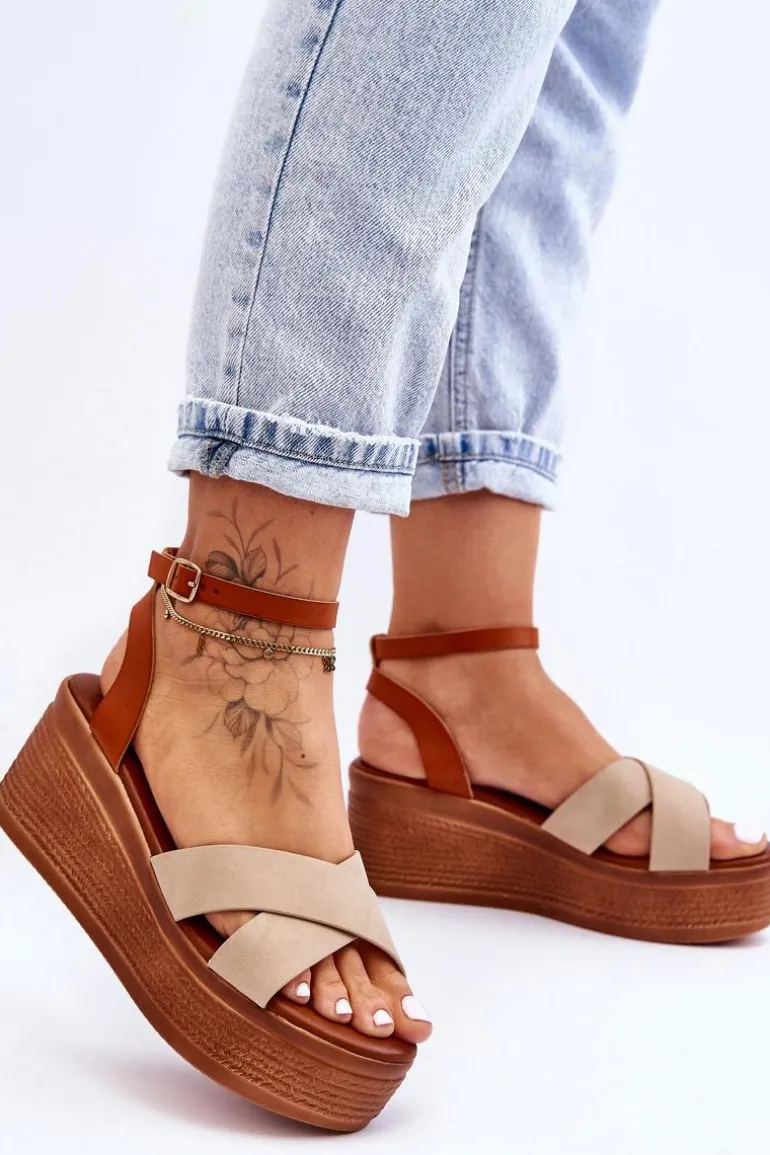 Damskie Wygodne Sandały Na Koturnie Brązowo-Beżowe Laurie