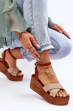 Damskie Wygodne Sandały Na Koturnie Brązowo-Beżowe Laurie