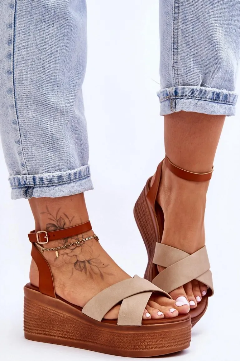 Damskie Wygodne Sandały Na Koturnie Brązowo-Beżowe Laurie