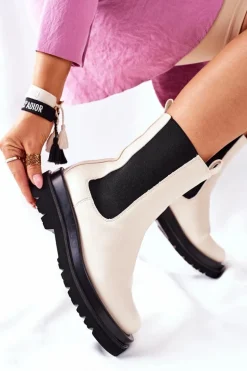 Damskie Wysokie Botki Sztyblety Beżowe Belive