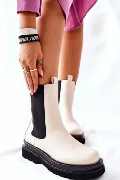 Damskie Wysokie Botki Sztyblety Beżowe Belive