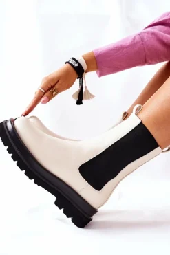 Damskie Wysokie Botki Sztyblety Beżowe Belive