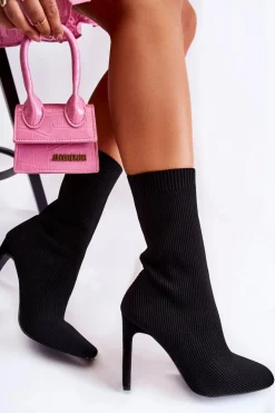 Damskie Wysokie Botki Ze Skarpetą Na Obcasie Czarne Nessi