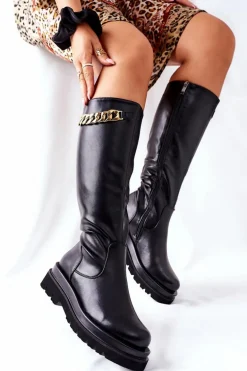 Damskie Wysokie Czarne Kozaki z Łańcuchem Vivien