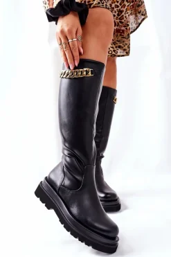 Damskie Wysokie Czarne Kozaki z Łańcuchem Vivien
