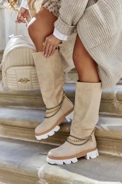 Damskie Wysokie Kozaki Botki Beżowe Lagoon