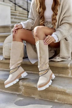 Damskie Wysokie Kozaki Botki Beżowe Lagoon