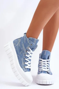 Damskie Wysokie Materiałowe Trampki Niebieskie Degas