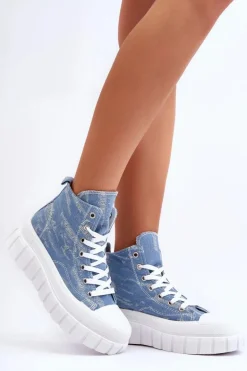 Damskie Wysokie Materiałowe Trampki Niebieskie Degas