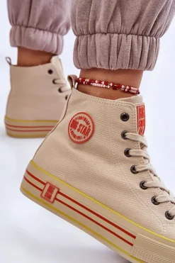 Damskie Wysokie Materiałowe Trampki Na Platformie Big Star LL274187 Beżowe