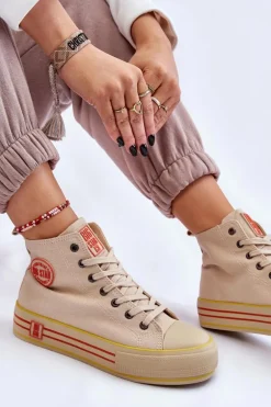 Damskie Wysokie Materiałowe Trampki Na Platformie Big Star LL274187 Beżowe