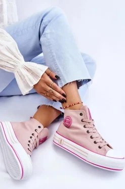 Damskie Wysokie Materiałowe Trampki Na Platformie Big Star LL274186 Różowe