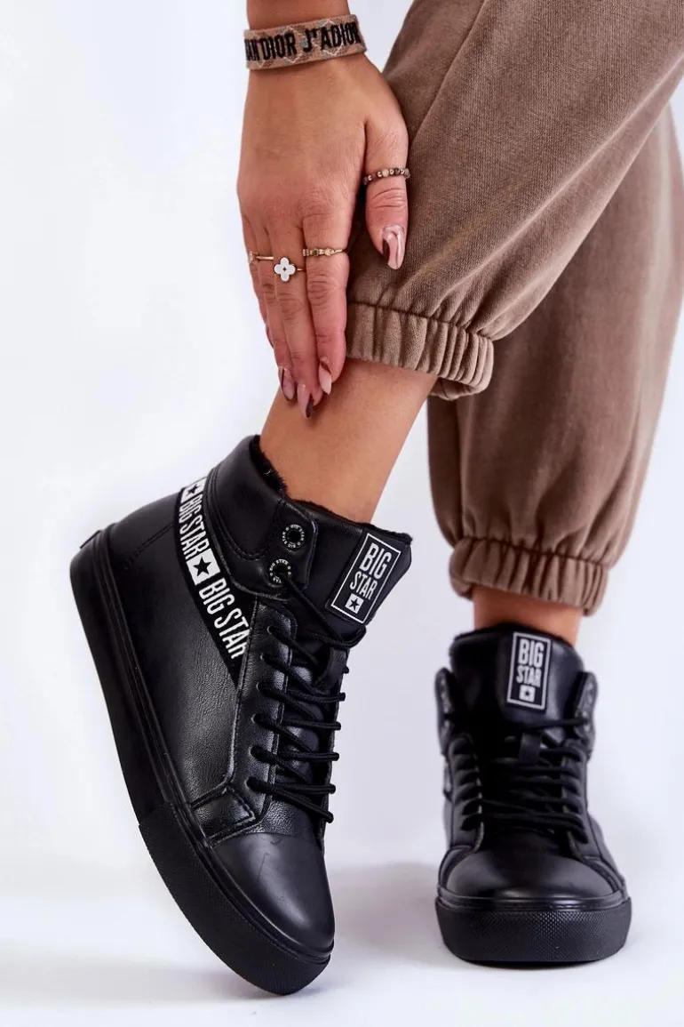 Damskie Wysokie Ocieplane Skórzane Trampki Big Star EE274355 Czarne