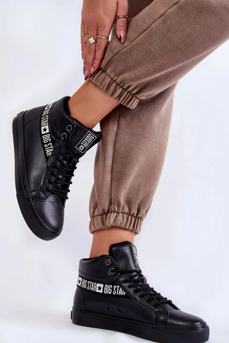 Damskie Wysokie Ocieplane Skórzane Trampki Big Star EE274355 Czarne