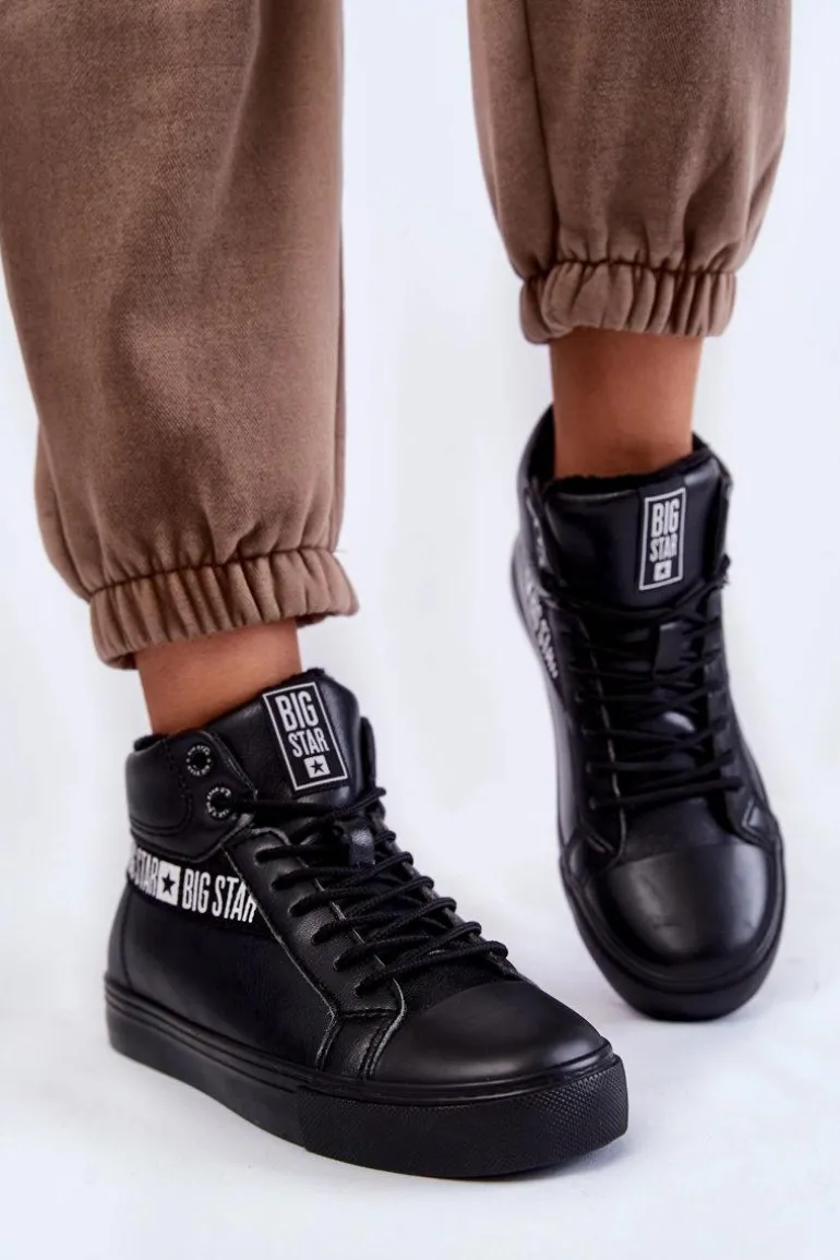 Damskie Wysokie Ocieplane Skórzane Trampki Big Star EE274355 Czarne