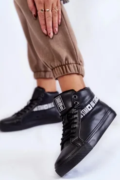 Damskie Wysokie Ocieplane Skórzane Trampki Big Star EE274355 Czarne