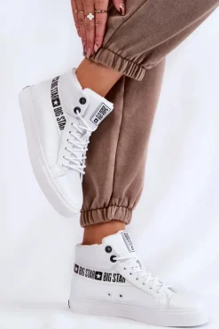 Damskie Wysokie Ocieplane Skórzane Trampki Big Star EE274356 Białe