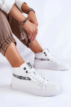 Damskie Wysokie Ocieplane Skórzane Trampki Big Star EE274356 Białe