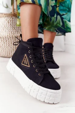 Damskie Wysokie Tenisówki Na Platformie Czarne Manhattan